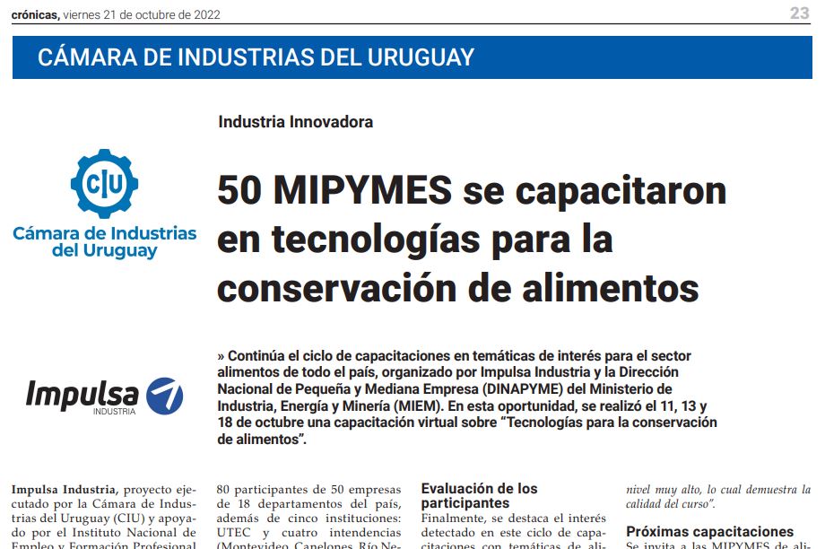 Crónicas: 50 MIPYMES se capacitaron en tecnologías para la conservación de alimentos